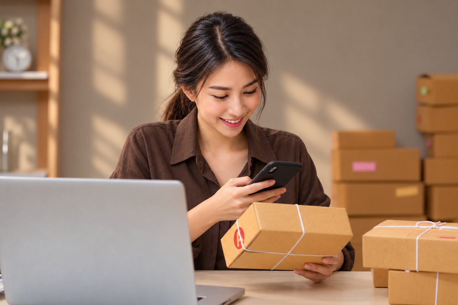 A woman photographing the label on a delivered package